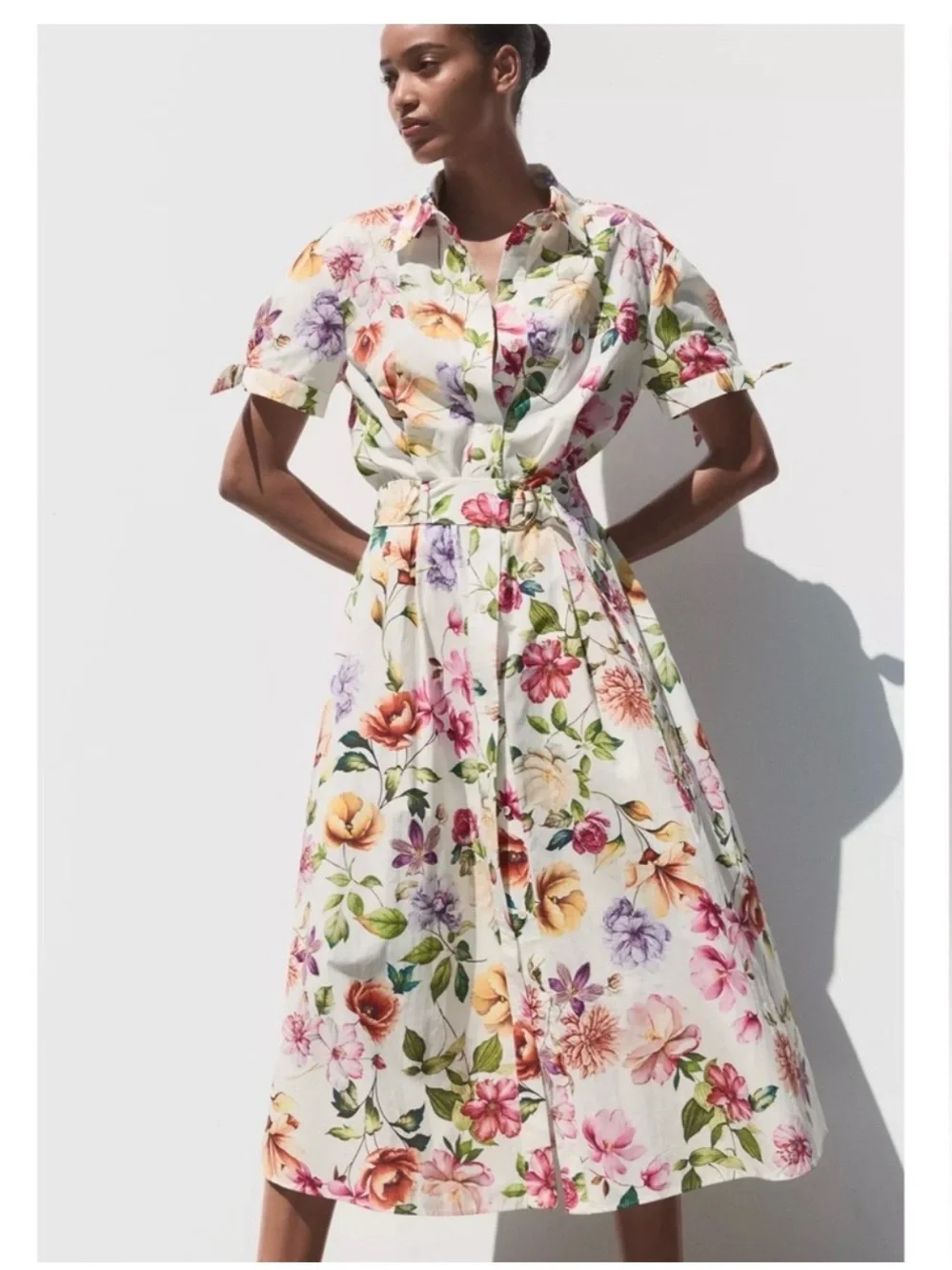 ZARA BELTED FLORAL PRINTED POPLIN MIDI SHIRT DRESS NEW W/TAGS - Picture 5 of 11
